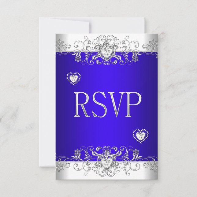 RSVP Bleu Royal Mariage Blanc Cœurs Diamant (Devant)