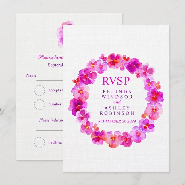 RSVP-Blumenkranz-Pansie pink Einladung (Vorne/Hinten)