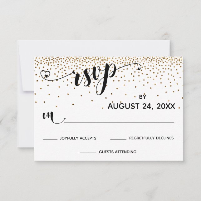 RSVP Calligraphie avec Coeurs, Gold Confetti, (Devant)