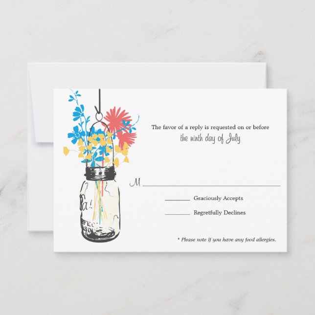 RSVP Card Blue Wild Blume & Mason Jar Karte (Vorderseite)