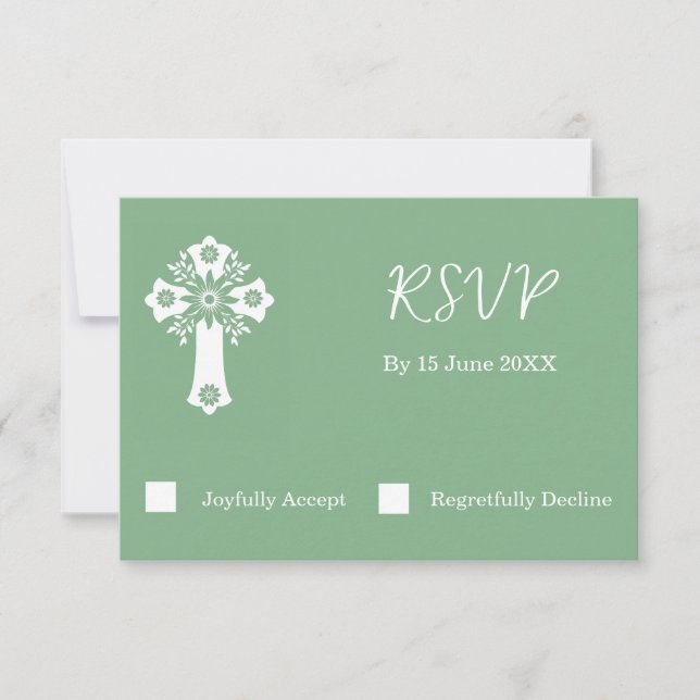 RSVP Card Blumenkreuz Christening Sage Green (Vorderseite)