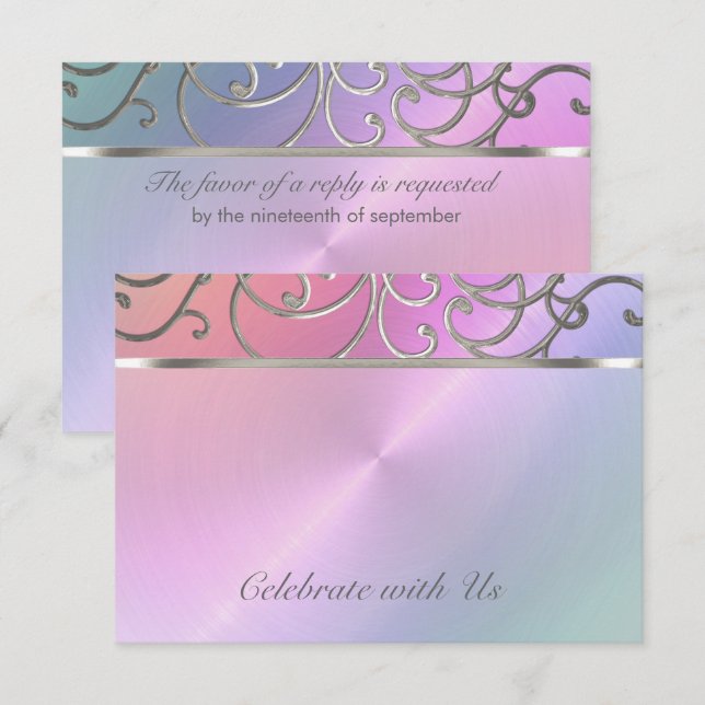 RSVP Card Elegant Pearl Pink Silver Filigree Einladung (Vorne/Hinten)