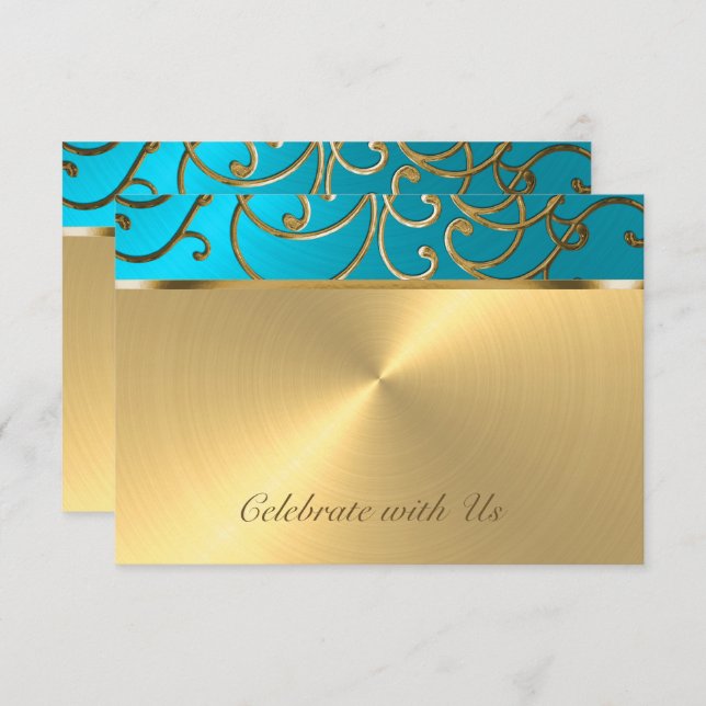 RSVP Card Elegant Türkis Blue Gold Filigree (Vorne/Hinten)