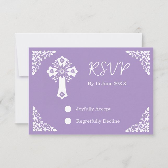 RSVP Card Floral Cross Christening Lilac (Vorderseite)