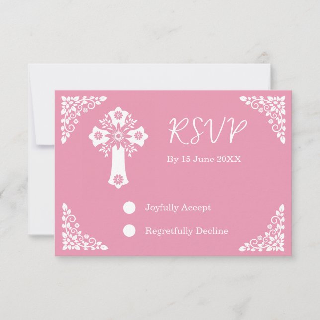 RSVP Card Floral Cross Christening Rose Pink (Vorderseite)