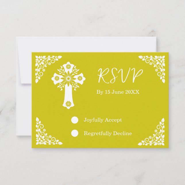 RSVP Card Floral Cross Christening Yellow (Devant)