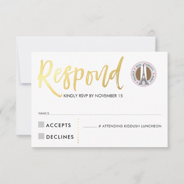 RSVP CARD Gold Skript Antwort rosa Herzen JORDYN2 (Vorderseite)