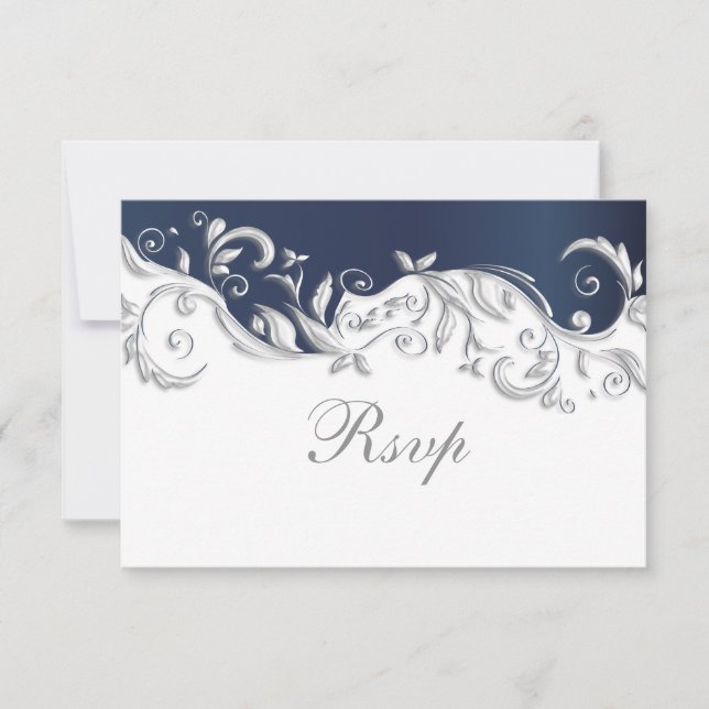RSVP Card Hochzeit Navy Blue & White Floral Wirbel (Vorderseite)