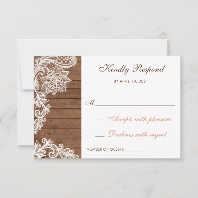 RSVP Card Hochzeit von Lace Wood Rustic Response (Vorderseite)