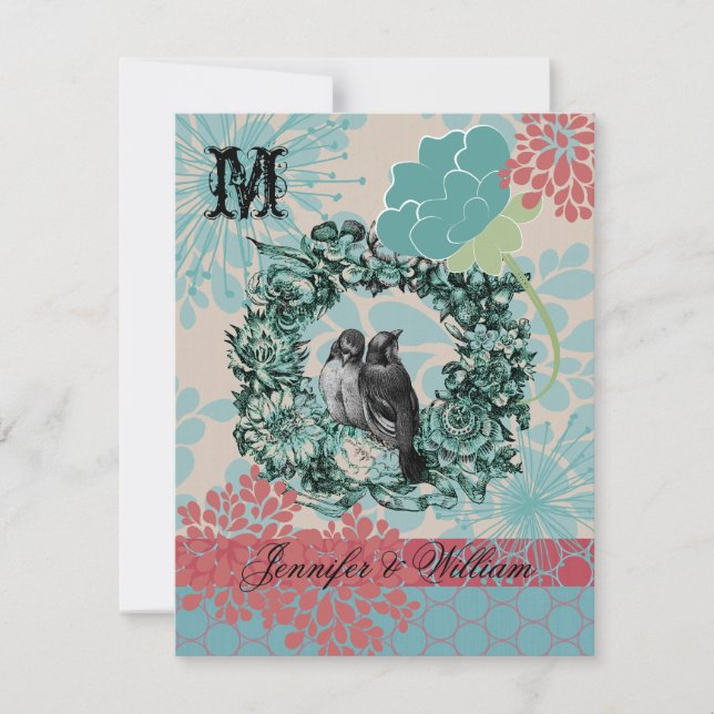 RSVP Card: Love Birds on Floral Wreath Wedding (Vorderseite)
