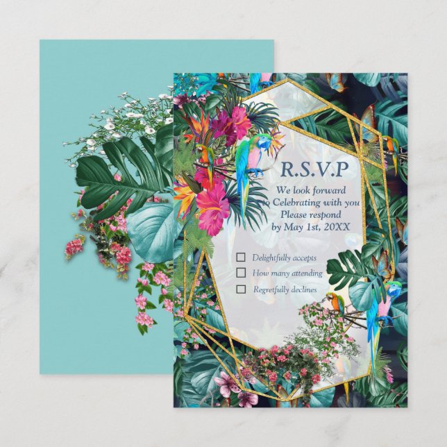 RSVP Card Tropical Flora Paradise & Birds Karte (Vorne/Hinten)