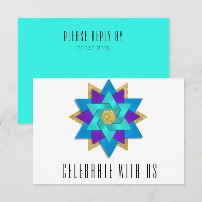 RSVP Card Türkis Blue Aqua Lila Star Blume (Vorne/Hinten)