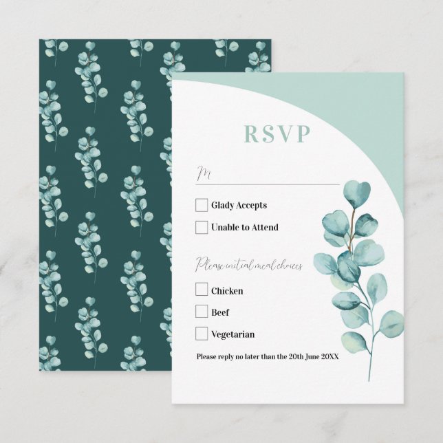 RSVP Cards Wedding Eukalyptus Blätter Green (Vorne/Hinten)