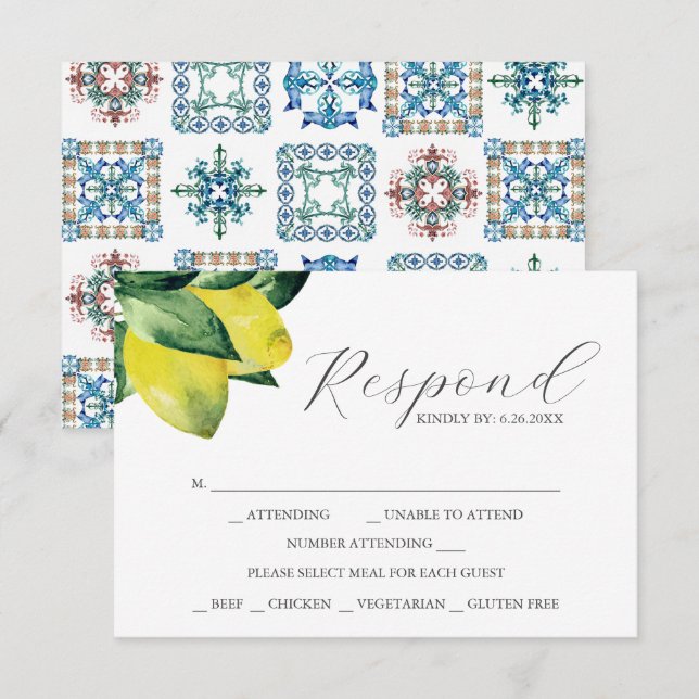 RSVP Cards with Meal Choice Lemon Amalfi Tile Karte (Vorne/Hinten)