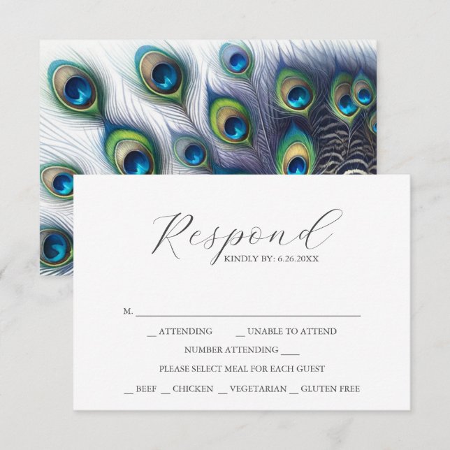 RSVP Cards with Meal Choice Peacock Feathers Karte (Vorne/Hinten)