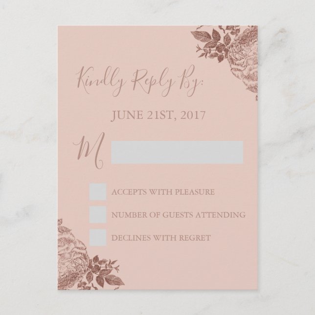 RSVP - Carte de réponse du Mariage Rose Gold Blush (Devant)