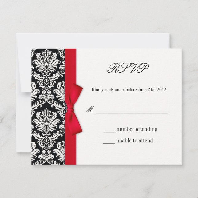 RSVP - Carte de réponse Mariage Damask Red Bow (Devant)