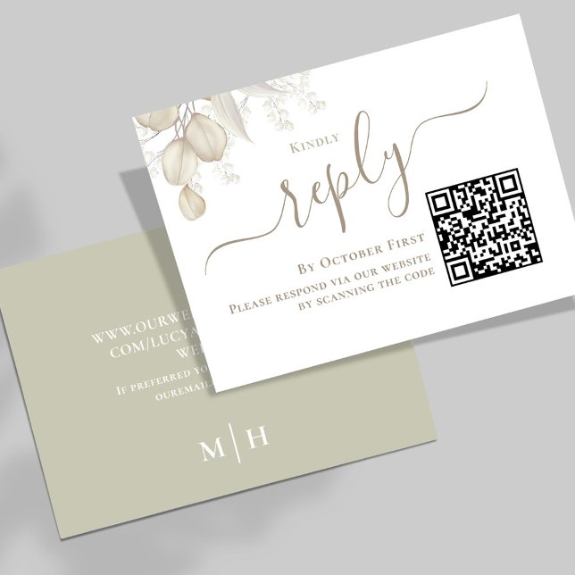 RSVP Custom Response für grüne Hochzeiten Karte (Simple Wedding reply card with a sage green background and QR code template.)
