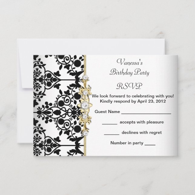 RSVP Damask fête d'anniversaire or noir blanc flor (Devant)