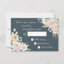 RSVP de mariage bleu marine à fleurs blanches vint