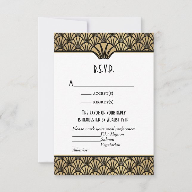 RSVP de mariage classique noir et or faux Art Déco (Devant)