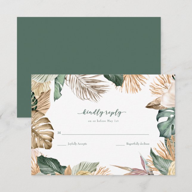RSVP de mariage sur la plage aux feuilles tropical (Devant / Derrière)