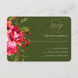 RSVP (Deep Green Holiday Floral Wedding) Karte
