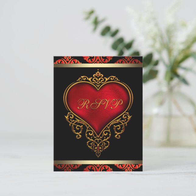 RSVP Einladung für Red Black and Gold Wedding (Stehend Vorderseite)