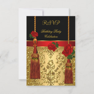 RSVP Elegant Damast Schwarz Rot Gold Geburtstagsfe Einladung