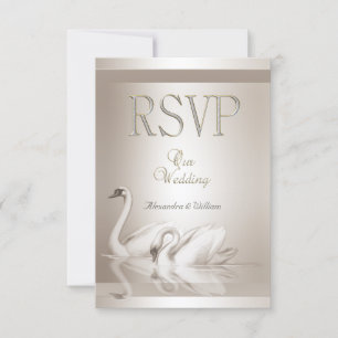 RSVP Elegante Hochzeit Schwäne Damast Creme Weiß Karte