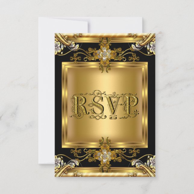 RSVP Engagement Elégant Or Floral Bijou Noir 2 (Devant)