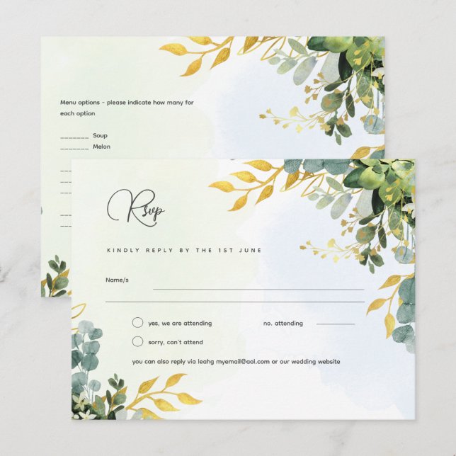RSVP Eucalyptus Mariage - Watercolor Green Menu (Devant / Derrière)