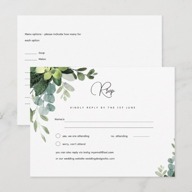 RSVP Eucalyptus Mariage - Watercolor Green Menu (Devant / Derrière)