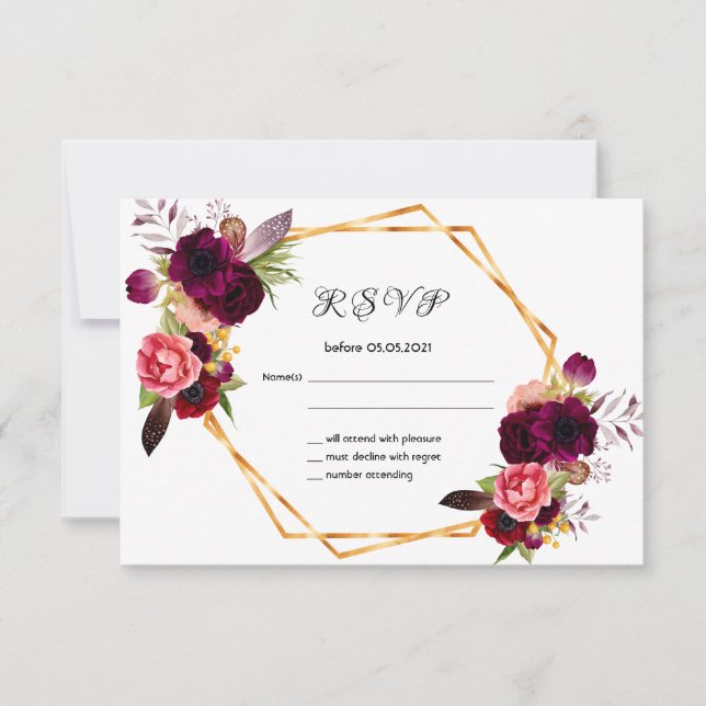 RSVP fleurs de mariage bordeaux or rose blanc (Devant)