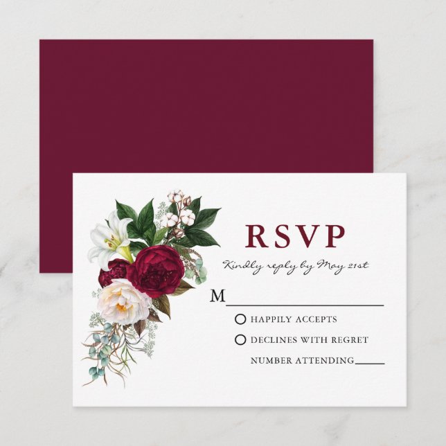 RSVP Fleurs de verdure en aquarelle bordeaux (Devant / Derrière)