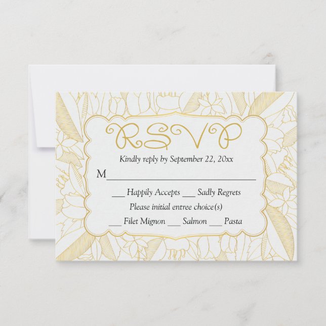 RSVP Floral Gold & White Feuilles & Fleurs - Menu (Devant)