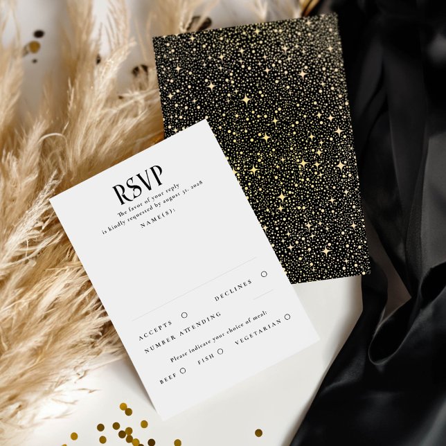 RSVP für Black and Gold Wedding (Celestial Starry Black RSVP Cards)