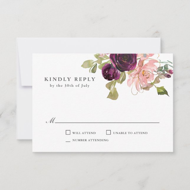 RSVP für Burgund und Rosa Hochzeit (Vorderseite)