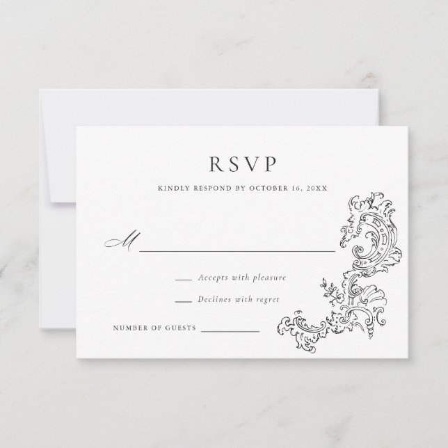 RSVP für elegante Vintage Zierarbeiten Einladung (Vorderseite)