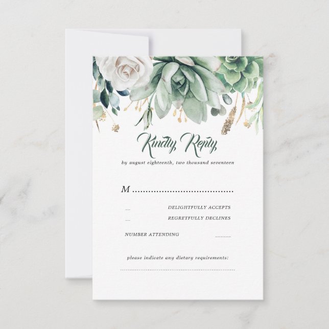 RSVP für Hochzeit von Grün und Gold Karte (Vorderseite)