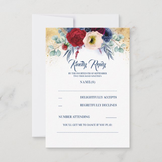 RSVP für Hochzeiten in Burgund Rot und Navy Blue (Vorderseite)