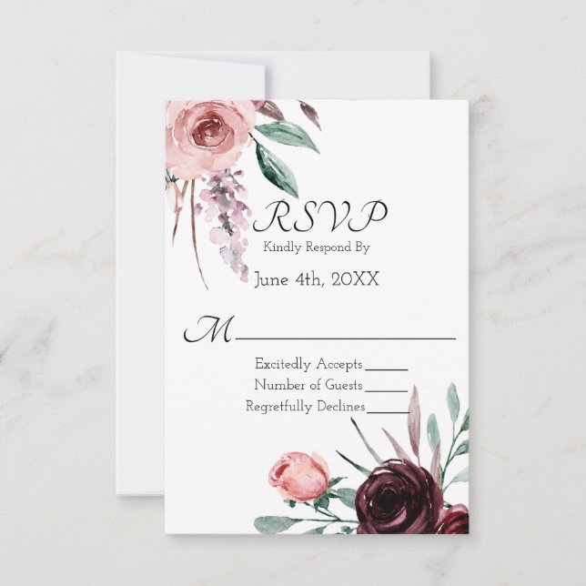 RSVP für Hochzeiten in Burgund und Rosa (Vorderseite)