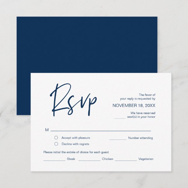 RSVP für Hochzeiten mit Essensmöglichkeiten, Navy  Begleitkarte (Vorne/Hinten)