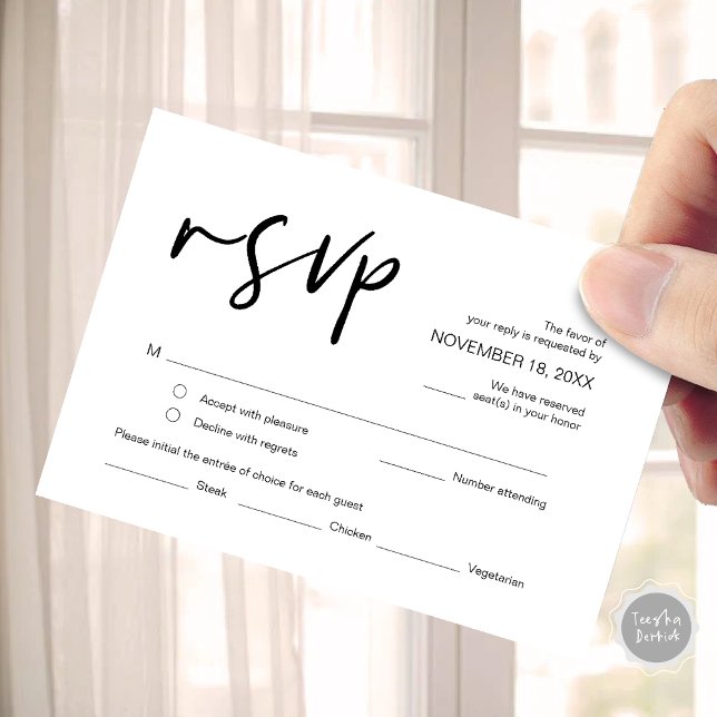 RSVP für Hochzeiten mit Wahlmöglichkeiten für Mahl Begleitkarte (Wedding RSVP, with meal options, no attending, Invitation respond Enclosure Card)