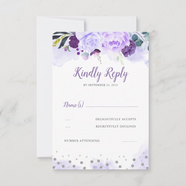 RSVP für lila und Silberblumen Karte (Vorderseite)