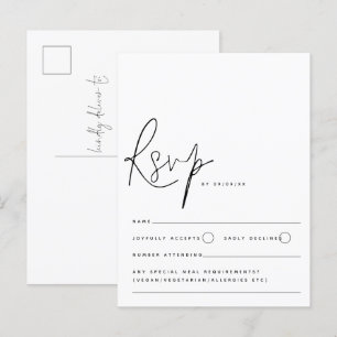 RSVP für Minimalistische Schwarz-weiße Script-Hoch Postkarte