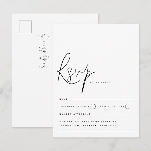 RSVP für Minimalistische Schwarz-weiße Script-Hoch Postkarte (Vorne/Hinten)
