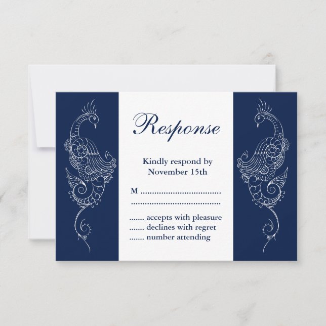 RSVP für Navy und White Mehndi Peacock Wedding (Vorderseite)