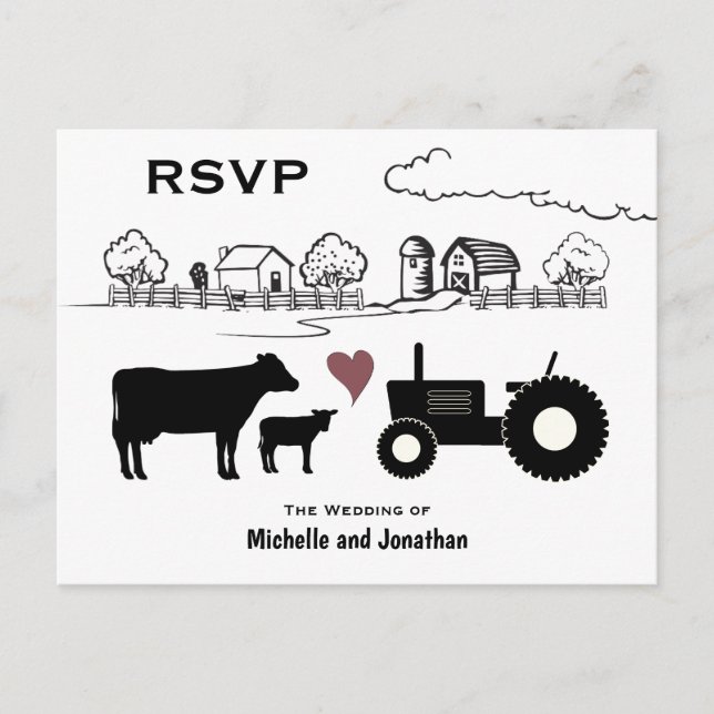 RSVP für niedliche Kühe und Traktoren Postkarte (Vorderseite)