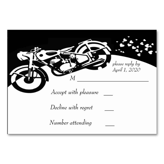 RSVP für Schwarz-weiße Motorradhochzeit Tischnummer (Rückseite)